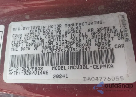 2002 Toyota Camry Le V6 from USA, damaged, VIN 4T1BF32K52U015947